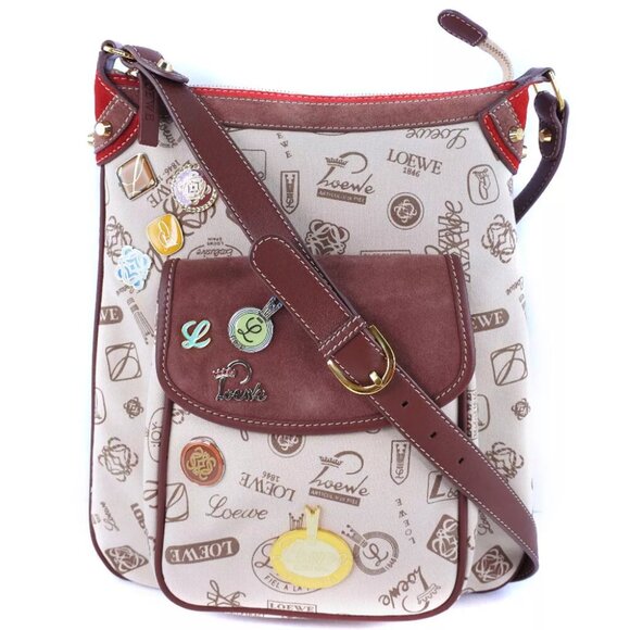 LOEWE Pin batch Shoulder Bag Brown Suede Women